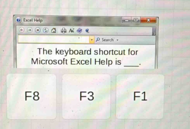 the keyboard shortcut for microsoft excel help is ___. f8 f3 f1