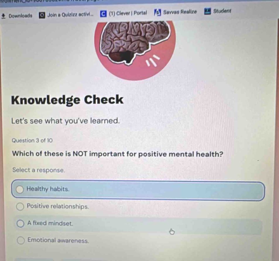 knowledge check\nlet’s see what you’ve learned.\nquestion 3 of 10\nwhich of these is not important for positive mental health?\nselect a response.\nhealthy habits.\npositive relationships.\na fixed mindset.\nemotional awareness.