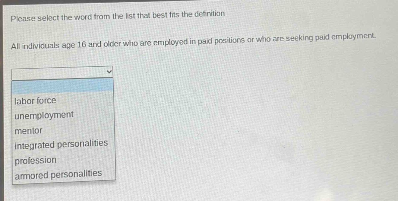 please select the word from the list that best fits the definition. all individuals age 16 and older who are employed in paid positions or who are seeking paid employment. labor force unemployment mentor integrated personalities profession armored personalities