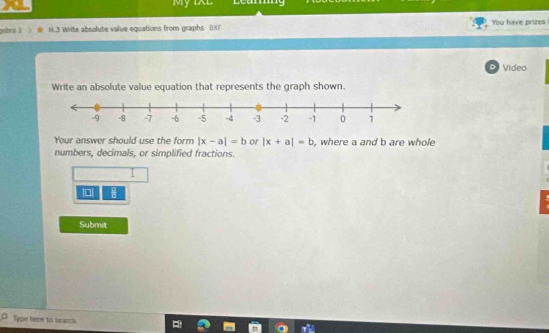 write an absolute - value equation that represents the graph shown.\nyour answer should use the form |x - a| = b or |x + a| = b, where a and b are whole numbers, decimals, or simplified fractions.