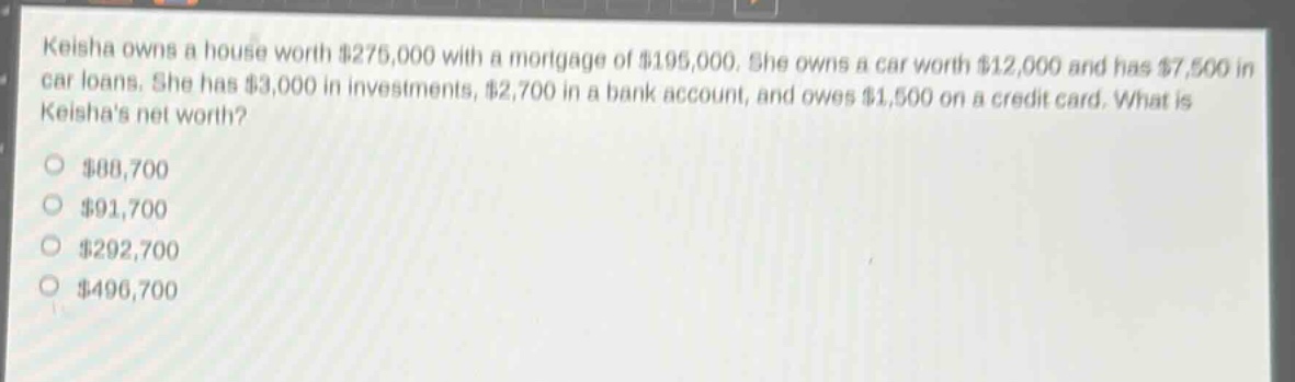 keisha owns a house worth $275,000 with a mortgage of $195,000. she owns a car worth $12,000 and has $7,500 in car loans. she has $3,000 in investments, $2,700 in a bank account, and owes $1,500 on a credit card. what is keishas net worth?\n$88,700\n$91,700\n$292,700\n$496,700
