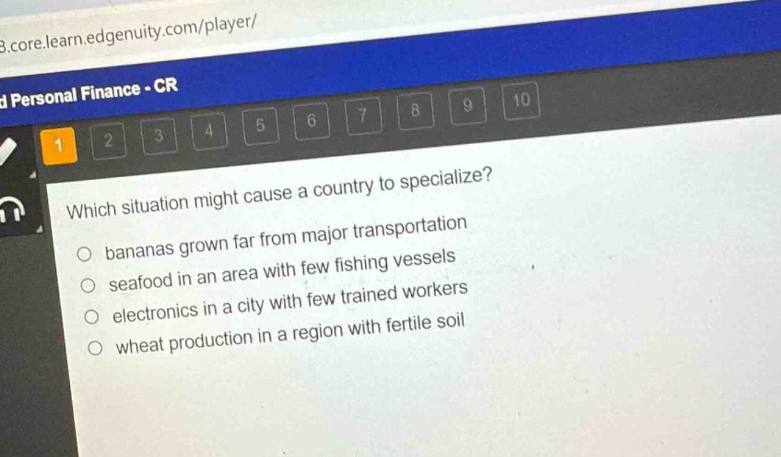 which situation might cause a country to specialize?\nbananas grown far from major transportation\nseafood in an area with few fishing vessels\nelectronics in a city with few trained workers\nwheat production in a region with fertile soil