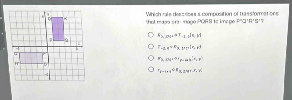 which rule describes a composition of transformations that maps pre - image pqrs to image pqrs?\n$r_{0,270^{circ}}circ t_{- 2,0}(x,y)$\n$t_{-2,0}circ r_{0,270^{circ}}(x,y)$\n$r_{0,270^{circ}}circ r_{y - axis}(x,y)$\n$r_{y - axis}circ r_{0,270^{circ}}(x,y)$