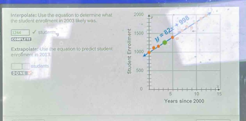 interpolate: use the equation to determine what the student enrollment in 2003 likely was. 1244 students complete extrapolate: use the equation to predict student enrollment in 2013. students done y = 82x + 998 student enrollment years since 2000