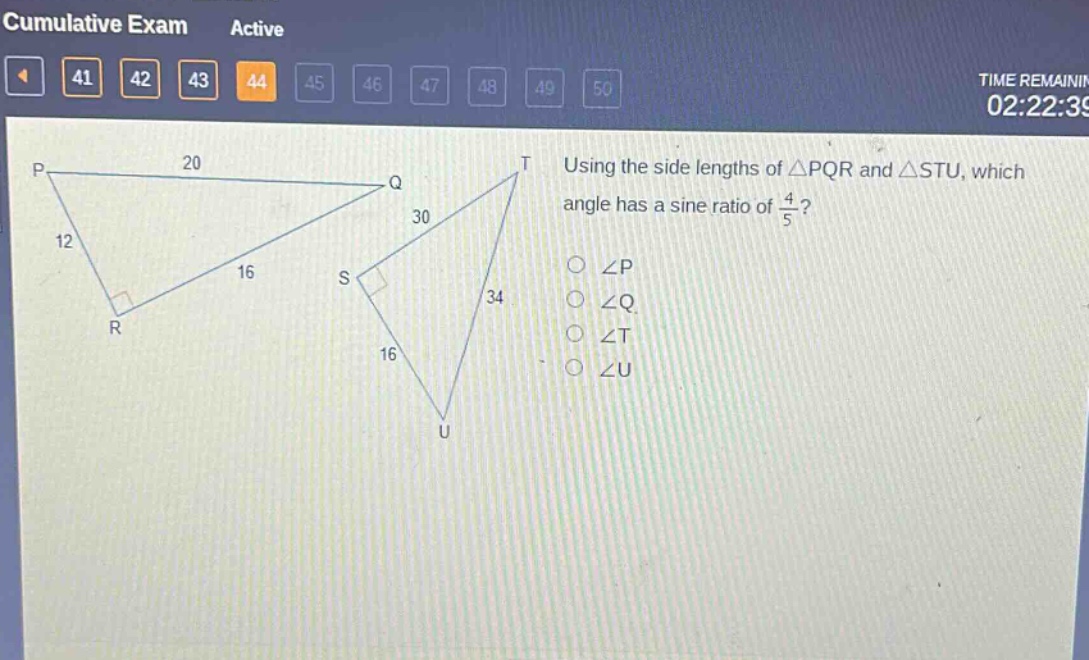 using the side lengths of △pqr and △stu, which angle has a sine ratio of $\frac{4}{5}$?\n∠p\n∠q\n∠t\n∠u
