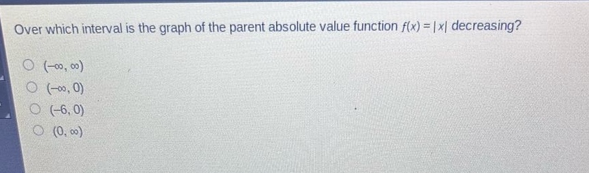 over which interval is the graph of the parent absolute value function f(x) = |x| decreasing?\n(-∞, ∞)\n(-∞, 0)\n(-6, 0)\n(0, ∞)