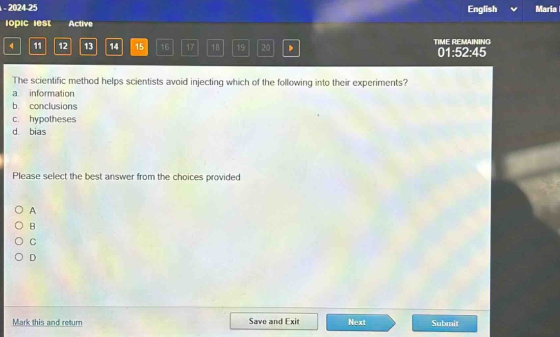 the scientific method helps scientists avoid injecting which of the following into their experiments?\na. information\nb. conclusions\nc. hypotheses\nd. bias\nplease select the best answer from the choices provided\no a\no b\no c\no d