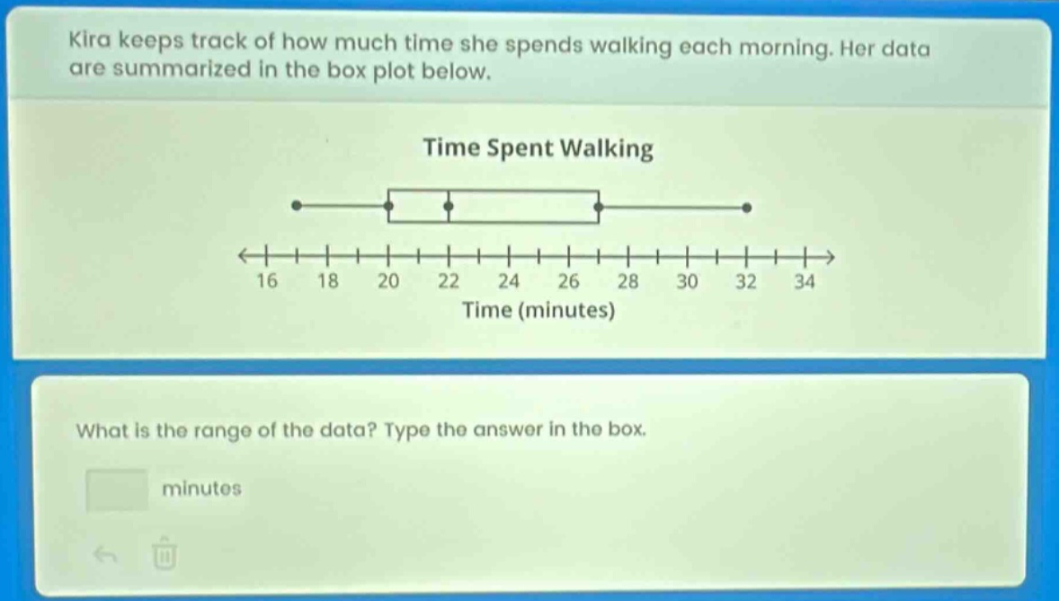 kira keeps track of how much time she spends walking each morning. her data are summarized in the box plot below.\ntime spent walking\nwhat is the range of the data? type the answer in the box.\nminutes