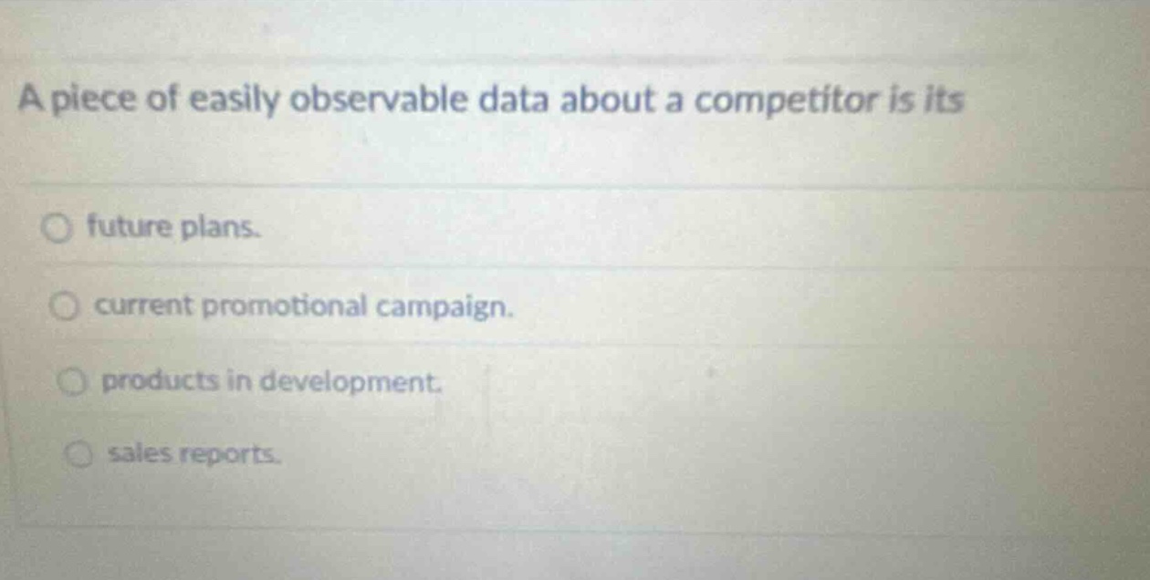 a piece of easily observable data about a competitor is its\n\n○ future plans.\n\n○ current promotional campaign.\n\n○ products in development.\n\n○ sales reports.