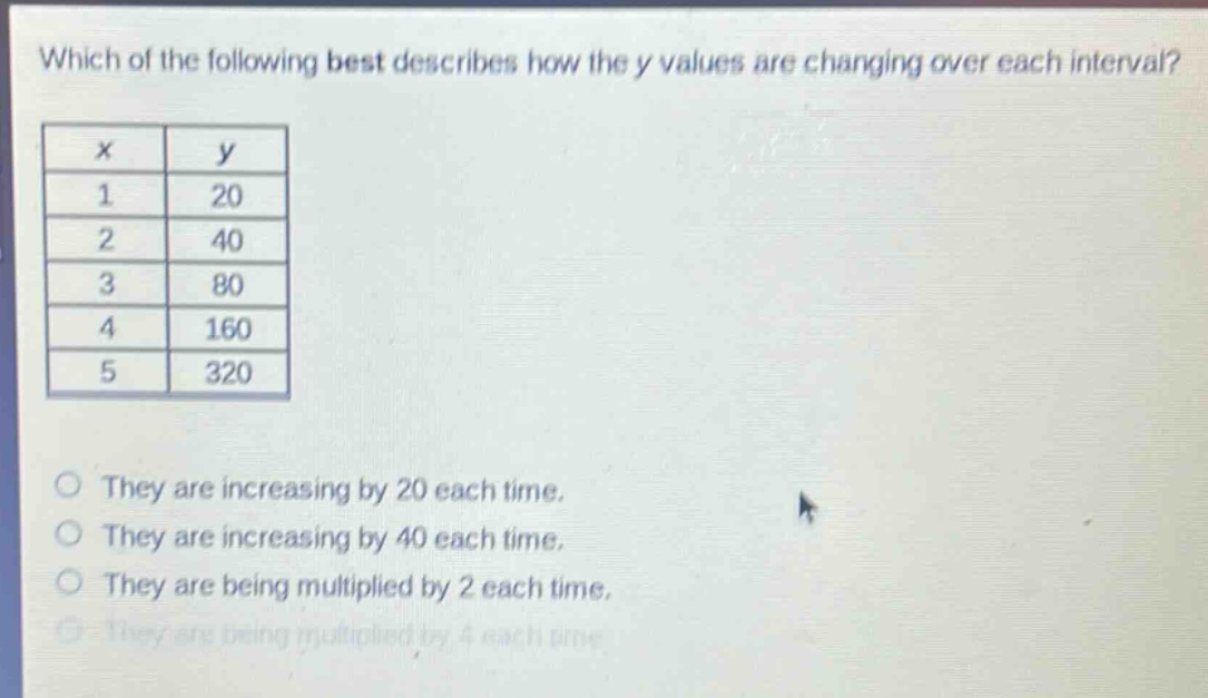 which of the following best describes how the y values are changing over each interval?\n|x|y|\n|1|20|\n|2|40|\n|3|80|\n|4|160|\n|5|320|\nthey are increasing by 20 each time.\nthey are increasing by 40 each time.\nthey are being multiplied by 2 each time.\nthey are being multiplied by 4 each time.