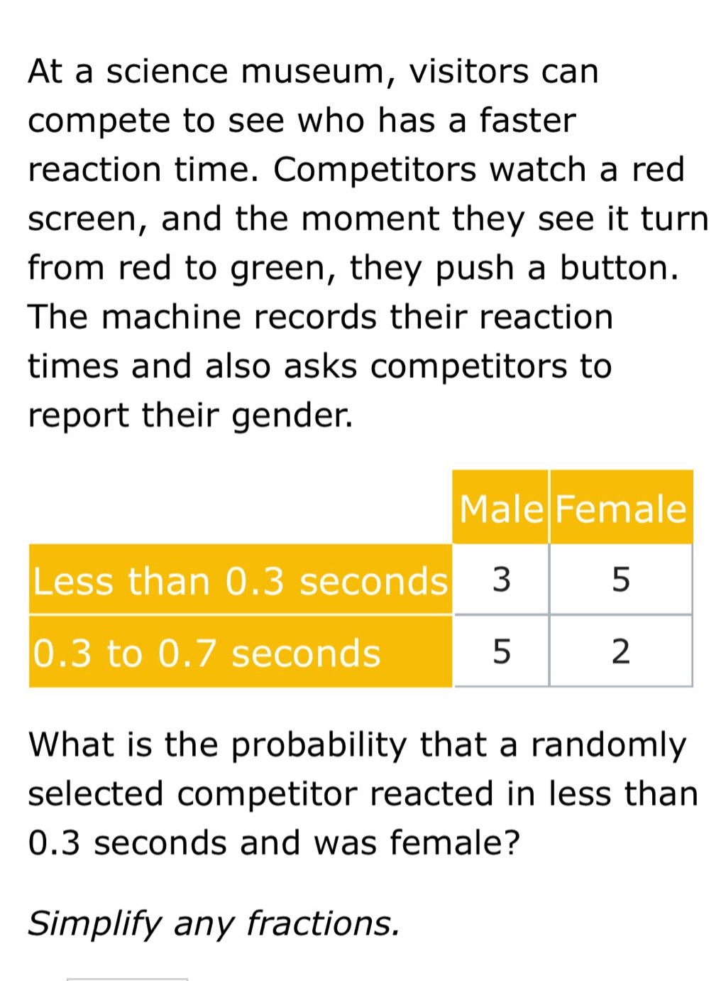 at a science museum, visitors can compete to see who has a faster reaction time. competitors watch a red screen, and the moment they see it turn from red to green, they push a button. the machine records their reaction times and also asks competitors to report their gender.\nmale female\nless than 0.3 seconds 3 5\n0.3 to 0.7 seconds 5 2\nwhat is the probability that a randomly selected competitor reacted in less than 0.3 seconds and was female?\nsimplify any fractions.