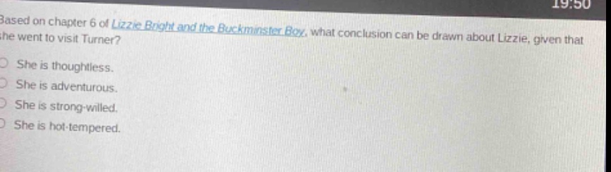 based on chapter 6 of lizzie bright and the buckminster boy, what conclusion can be drawn about lizzie, given that she went to visit turner?\nshe is thoughtless.\nshe is adventurous.\nshe is strong - willed.\nshe is hot - tempered.