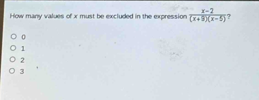 how many values of x must be excluded in the expression $\frac{x - 2}{(x + 9)(x - 5)}$?\n0\n1\n2\n3