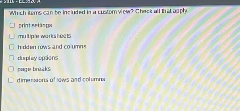 which items can be included in a custom view? check all that apply. print settings multiple worksheets hidden rows and columns display options page breaks dimensions of rows and columns