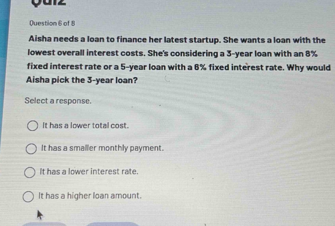question 6 of 8\naisha needs a loan to finance her latest startup. she wants a loan with the lowest overall interest costs. she’s considering a 3 - year loan with an 8% fixed interest rate or a 5 - year loan with a 6% fixed interest rate. why would aisha pick the 3 - year loan?\nselect a response.\nit has a lower total cost.\nit has a smaller monthly payment.\nit has a lower interest rate.\nit has a higher loan amount.