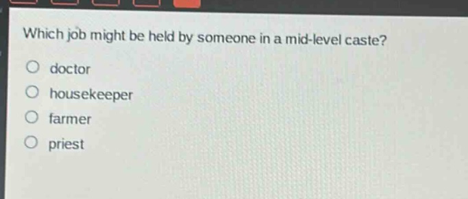 which job might be held by someone in a mid - level caste?\ndoctor\nhousekeeper\nfarmer\npriest