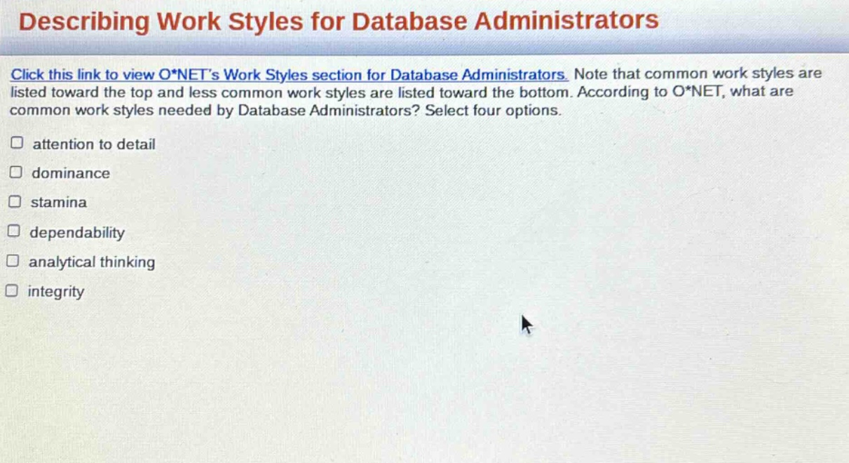 describing work styles for database administrators\nclick this link to view o*nets work styles section for database administrators. note that common work styles are listed toward the top and less common work styles are listed toward the bottom. according to o*net, what are common work styles needed by database administrators? select four options.\n□ attention to detail\n□ dominance\n□ stamina\n□ dependability\n□ analytical thinking\n□ integrity