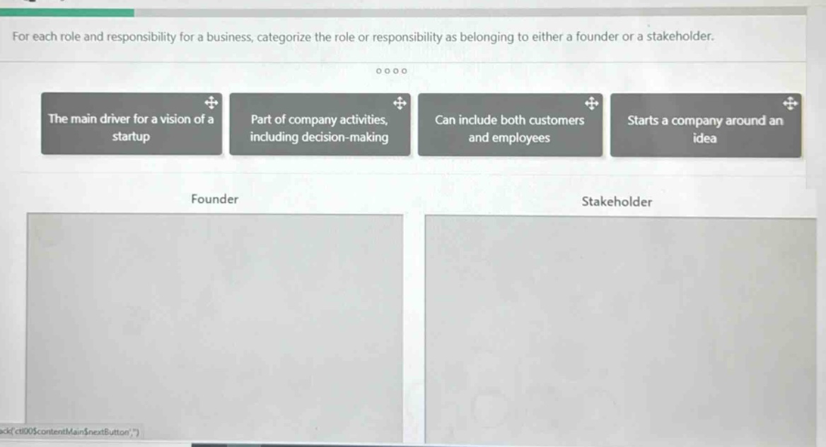 for each role and responsibility for a business, categorize the role or responsibility as belonging to either a founder or a stakeholder.\nthe main driver for a vision of a startup\npart of company activities, including decision - making\ncan include both customers and employees\nstarts a company around an idea\nfounder\nstakeholder