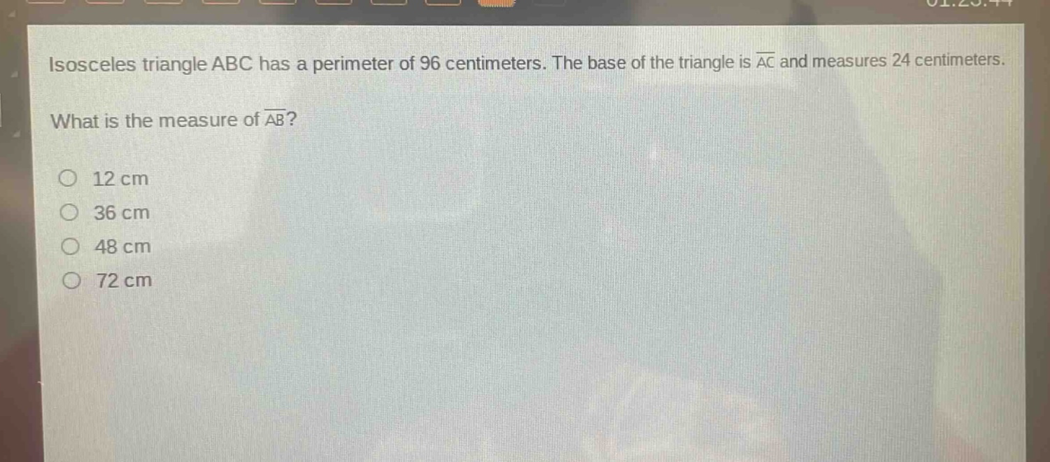 isosceles triangle abc has a perimeter of 96 centimeters. the base of the triangle is $overline{ac}$ and measures 24 centimeters. what is the measure of $overline{ab}$?\n12 cm\n36 cm\n48 cm\n72 cm