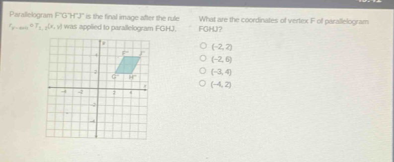 parallelogram fghj is the final image after the rule $r_{y - axis}circ t_{1,2}(x,y)$ was applied to parallelogram fghj. what are the coordinates of vertex f of parallelogram fghj? (-2,2) (-2,6) (-3,4) (-4,2)