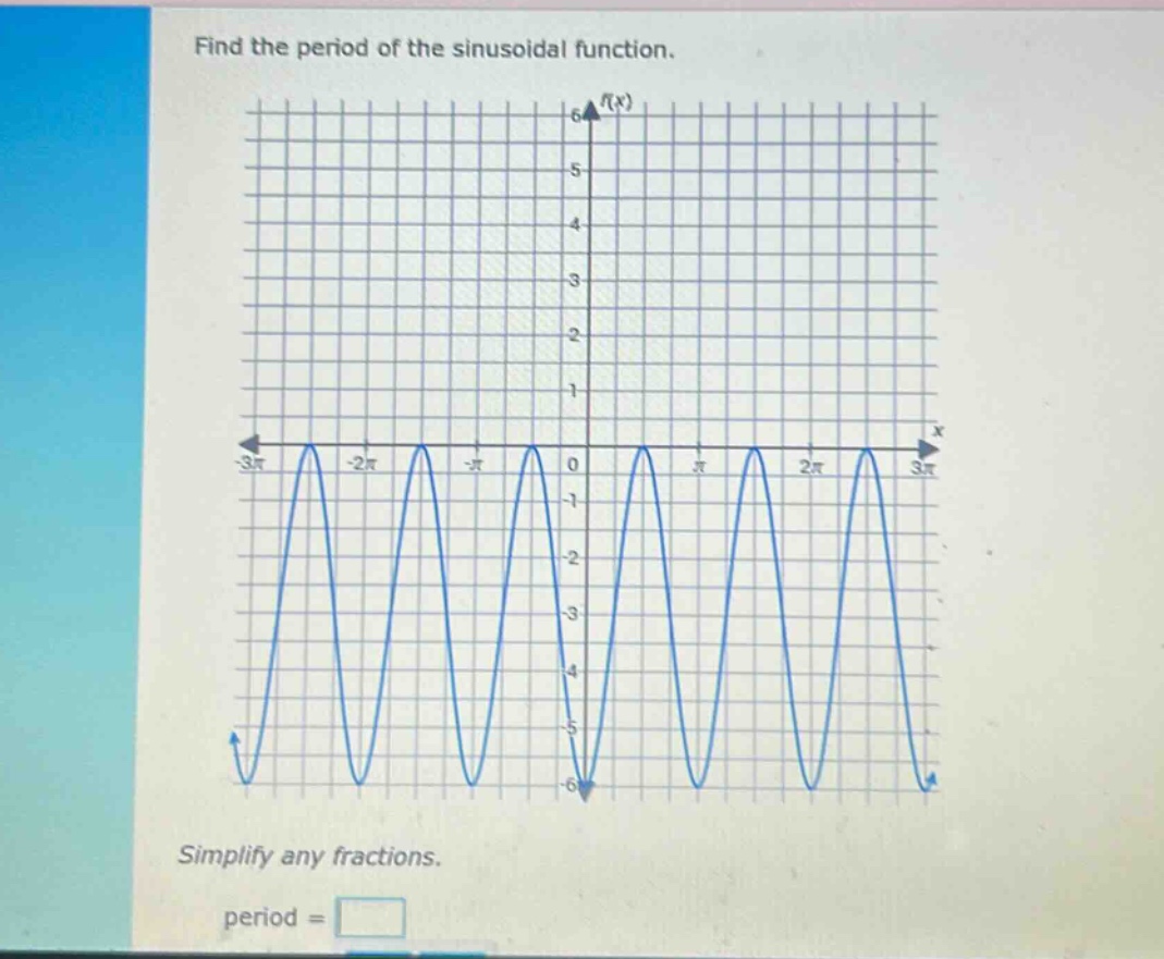 find the period of the sinusoidal function. simplify any fractions. period =