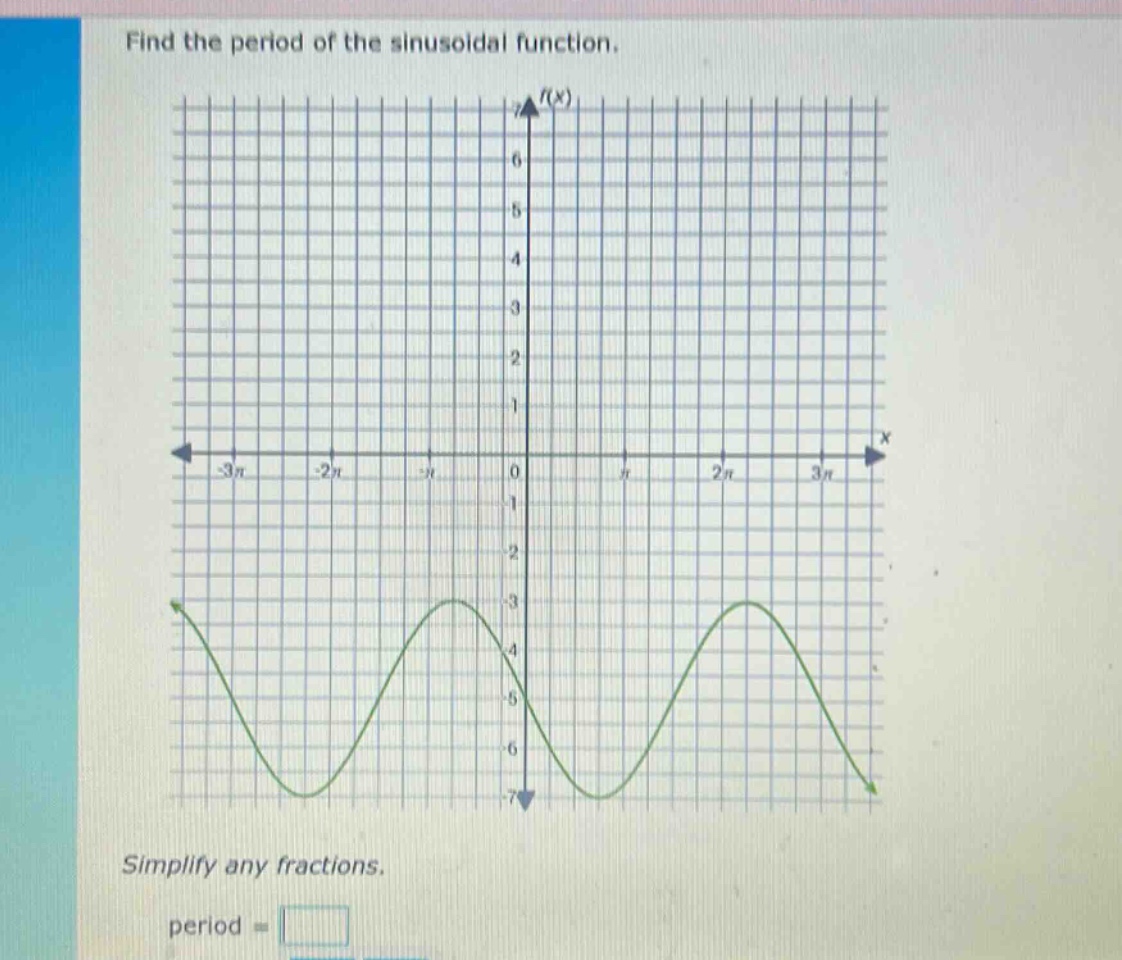find the period of the sinusoidal function.\nsimplify any fractions.\nperiod =
