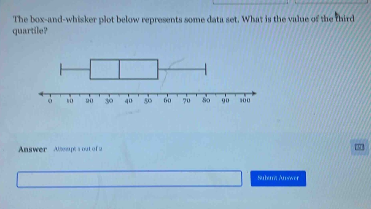 the box - and - whisker plot below represents some data set. what is the value of the third quartile? answer attempt 1 out of 2