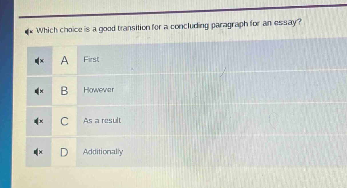 which choice is a good transition for a concluding paragraph for an essay? a first b however c as a result d additionally