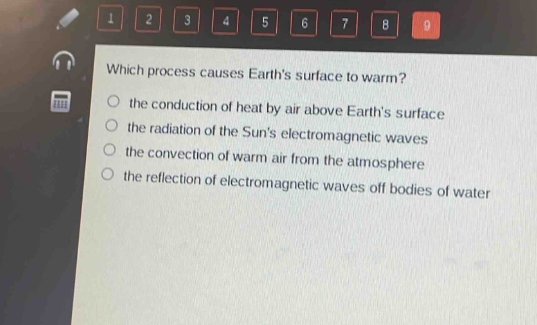 which process causes earths surface to warm?\n○ the conduction of heat by air above earths surface\n○ the radiation of the suns electromagnetic waves\n○ the convection of warm air from the atmosphere\n○ the reflection of electromagnetic waves off bodies of water