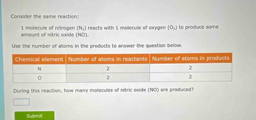 consider the same reaction:\n1 molecule of nitrogen (n₂) reacts with 1 molecule of oxygen (o₂) to produce some amount of nitric oxide (no).\nuse the number of atoms in the products to answer the question below.\n| chemical element | number of atoms in reactants | number of atoms in products |\n| ---- | ---- | ---- |\n| n | 2 | 2 |\n| o | 2 | 2 |\nduring this reaction, how many molecules of nitric oxide (no) are produced?