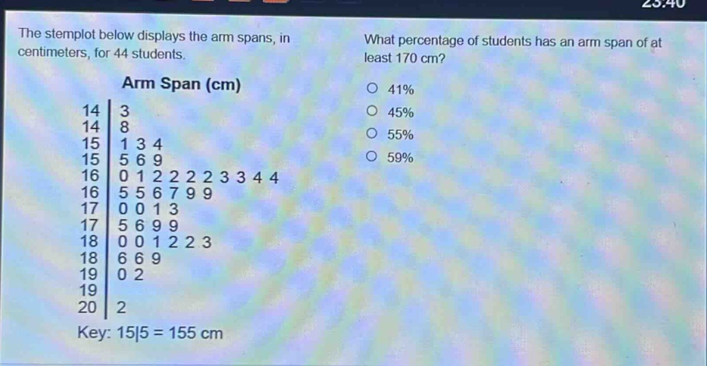 the stemplot below displays the arm spans, in centimeters, for 44 students. what percentage of students has an arm span of at least 170 cm? arm span (cm) 14|3 14|8 15|1 3 4 15|5 6 9 16|0 1 2 2 2 2 3 3 4 4 16|5 5 6 7 9 9 17|0 0 1 3 17|5 6 9 9 18|0 0 1 2 2 3 18|6 6 9 19|0 2 19| 20|2 key: 15|5 = 155 cm