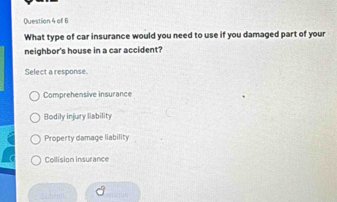 question 4 of 6\nwhat type of car insurance would you need to use if you damaged part of your neighbors house in a car accident?\nselect a response.\n○ comprehensive insurance\n○ bodily injury liability\n○ property damage liability\n○ collision insurance