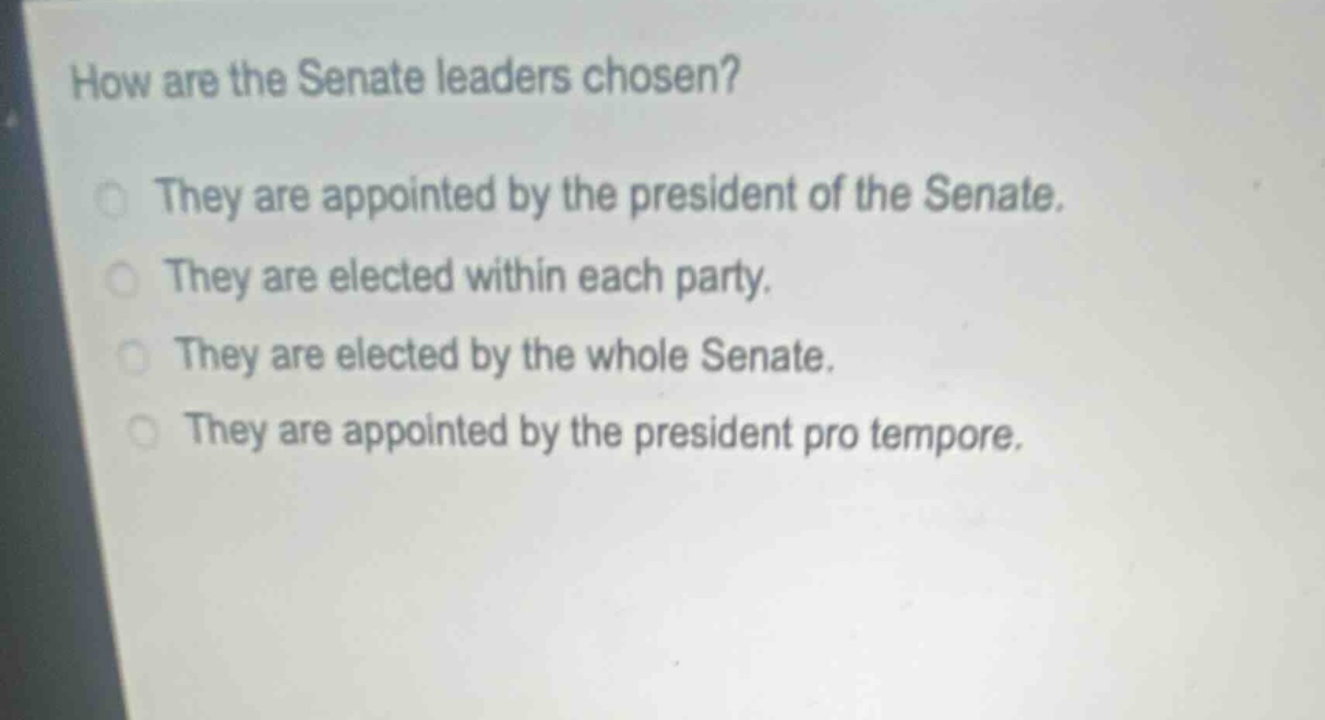 how are the senate leaders chosen?\nthey are appointed by the president of the senate.\nthey are elected within each party.\nthey are elected by the whole senate.\nthey are appointed by the president pro tempore.