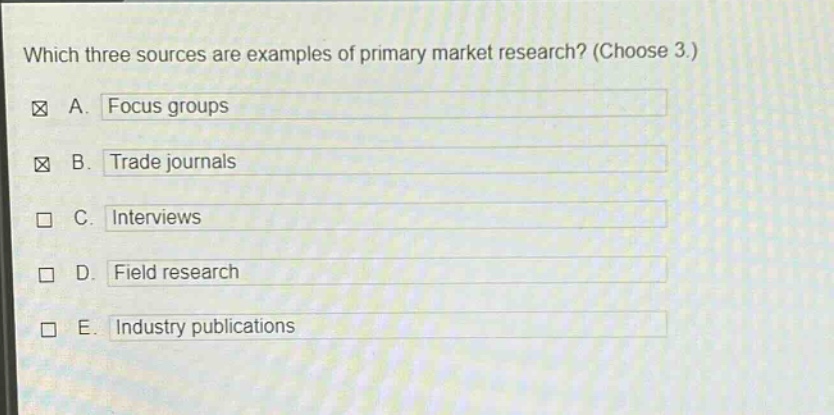 which three sources are examples of primary market research? (choose 3.)\na. focus groups\nb. trade journals\nc. interviews\nd. field research\ne. industry publications