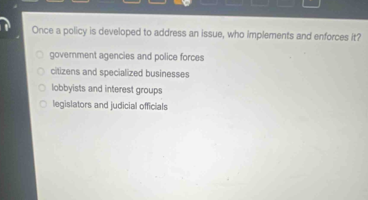 once a policy is developed to address an issue, who implements and enforces it?\ngovernment agencies and police forces\ncitizens and specialized businesses\nlobbyists and interest groups\nlegislators and judicial officials