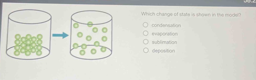 which change of state is shown in the model?\ncondensation\nevaporation\nsublimation\ndeposition
