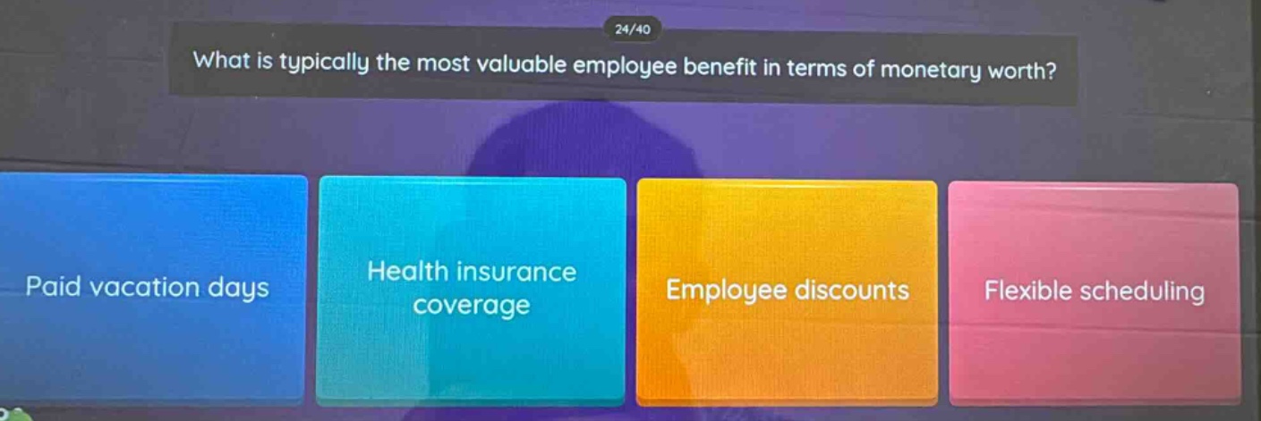 what is typically the most valuable employee benefit in terms of monetary worth? paid vacation days health insurance coverage employee discounts flexible scheduling