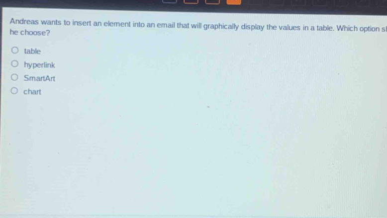 andreas wants to insert an element into an email that will graphically display the values in a table. which option should he choose?\no table\no hyperlink\no smartart\no chart