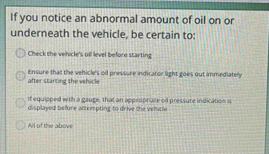 if you notice an abnormal amount of oil on or underneath the vehicle, be certain to:\ncheck the vehicles oil level before starting\nensure that the vehicles oil pressure indicator light goes out immediately after starting the vehicle\nif equipped with a gauge, that an appropriate oil pressure indication is displayed before attempting to drive the vehicle\nall of the above