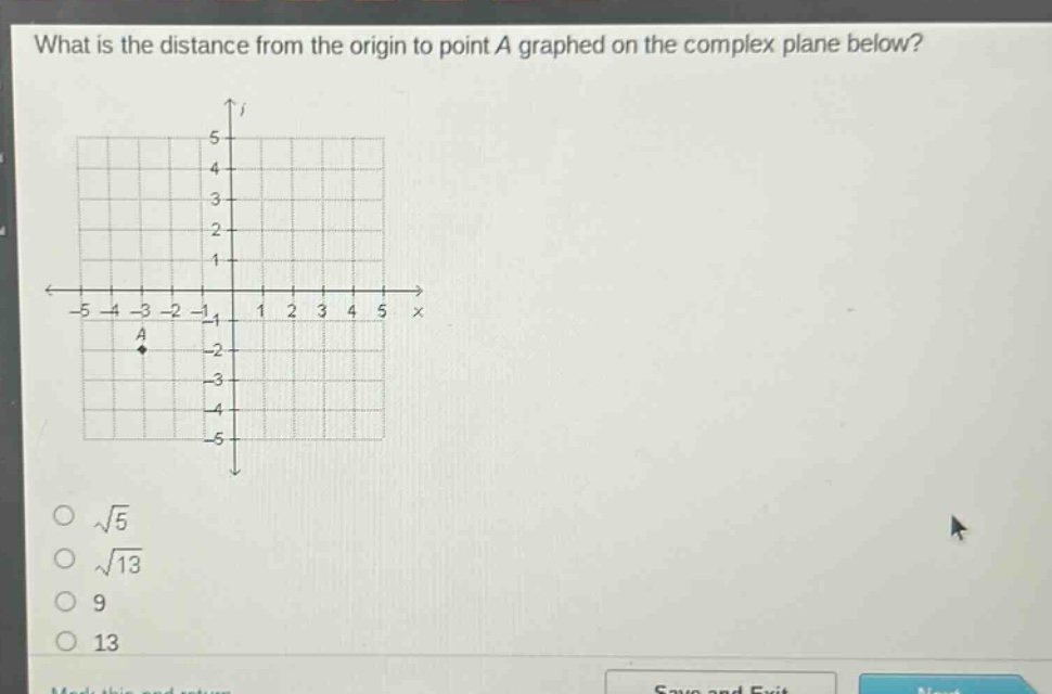 what is the distance from the origin to point a graphed on the complex plane below?\no $sqrt{5}$\no $sqrt{13}$\no 9\no 13