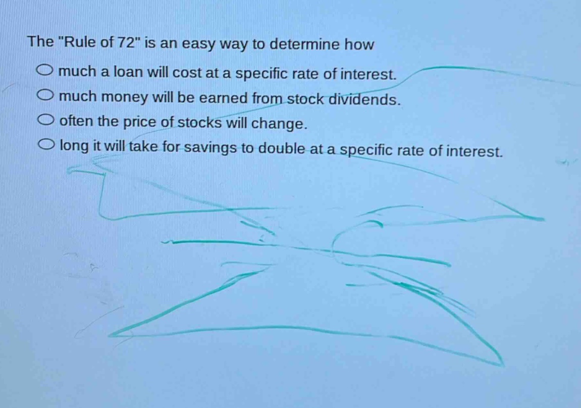 the \rule of 72\ is an easy way to determine how\n○ much a loan will cost at a specific rate of interest.\n○ much money will be earned from stock dividends.\n○ often the price of stocks will change.\n○ long it will take for savings to double at a specific rate of interest.