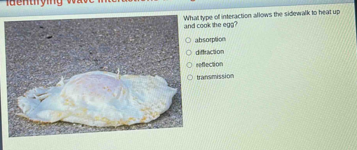 what type of interaction allows the sidewalk to heat up and cook the egg?\nabsorption\ndiffraction\nreflection\ntransmission
