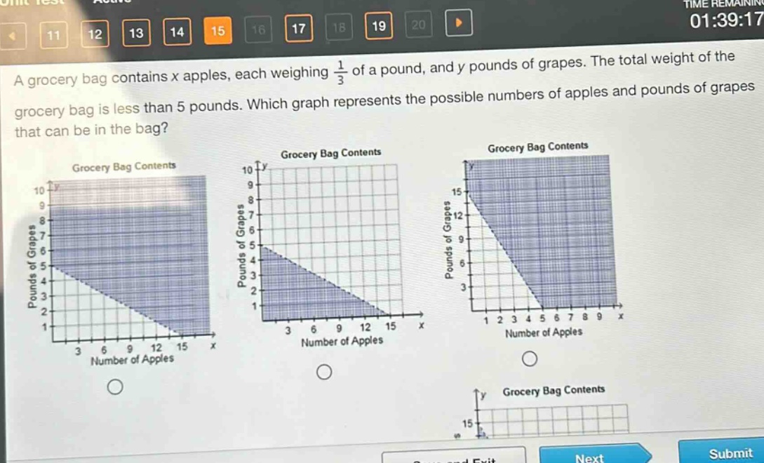 a grocery bag contains x apples, each weighing $\frac{1}{3}$ of a pound, and y pounds of grapes. the total weight of the grocery bag is less than 5 pounds. which graph represents the possible numbers of apples and pounds of grapes that can be in the bag?
