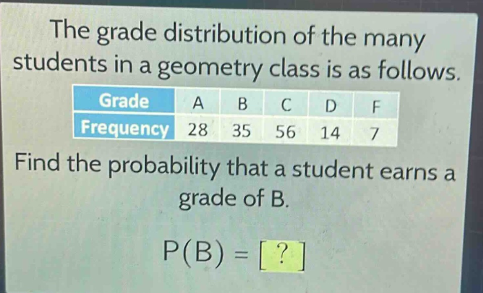 the grade distribution of the many students in a geometry class is as follows. grade a b c d f frequency 28 35 56 14 7 find the probability that a student earns a grade of b. p(b) = ?