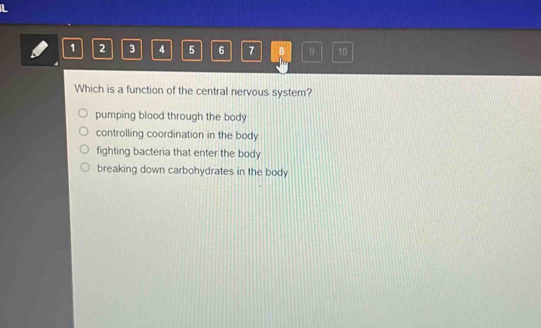 which is a function of the central nervous system?\npumping blood through the body\ncontrolling coordination in the body\nfighting bacteria that enter the body\nbreaking down carbohydrates in the body