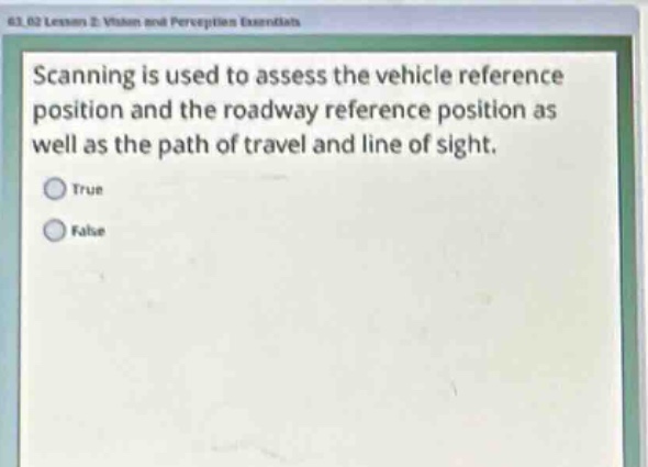 scanning is used to assess the vehicle reference position and the roadway reference position as well as the path of travel and line of sight.\ntrue\nfalse