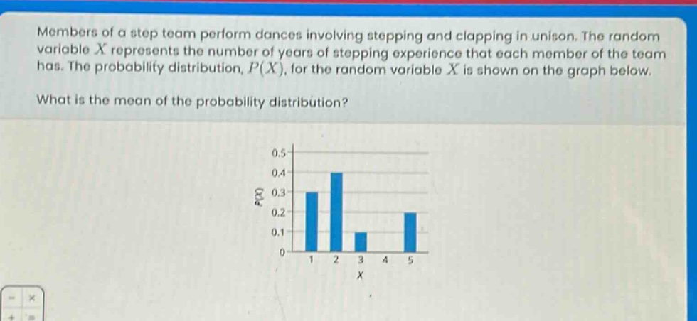 members of a step team perform dances involving stepping and clapping in unison. the random variable (x) represents the number of years of stepping experience that each member of the team has. the probability distribution, (p(x)), for the random variable (x) is shown on the graph below. what is the mean of the probability distribution?
