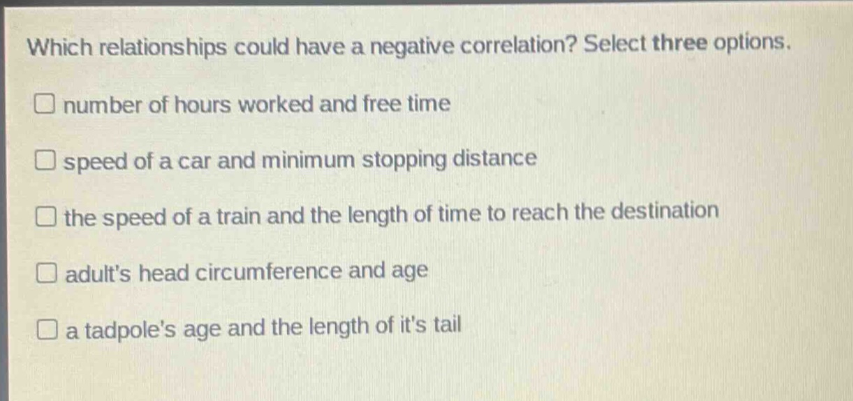 which relationships could have a negative correlation? select three options.\n□ number of hours worked and free time\n□ speed of a car and minimum stopping distance\n□ the speed of a train and the length of time to reach the destination\n□ adults head circumference and age\n□ a tadpoles age and the length of its tail