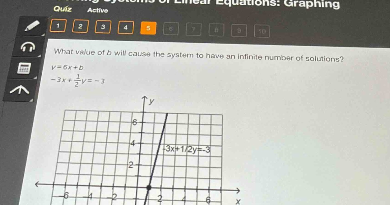 what value of b will cause the system to have an infinite number of solutions?\ny = 6x + b\n-3x+\frac{1}{2}y=-3