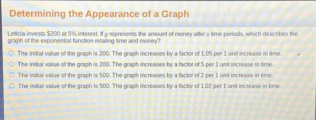determining the appearance of a graph\nleticia invests $200 at 5% interest. if y represents the amount of money after x time periods, which describes the graph of the exponential function relating time and money?\nthe initial value of the graph is 200. the graph increases by a factor of 1.05 per 1 unit increase in time.\nthe initial value of the graph is 200. the graph increases by a factor of 5 per 1 unit increase in time.\nthe initial value of the graph is 500. the graph increases by a factor of 2 per 1 unit increase in time.\nthe initial value of the graph is 500. the graph increases by a factor of 1.02 per 1 unit increase in time.